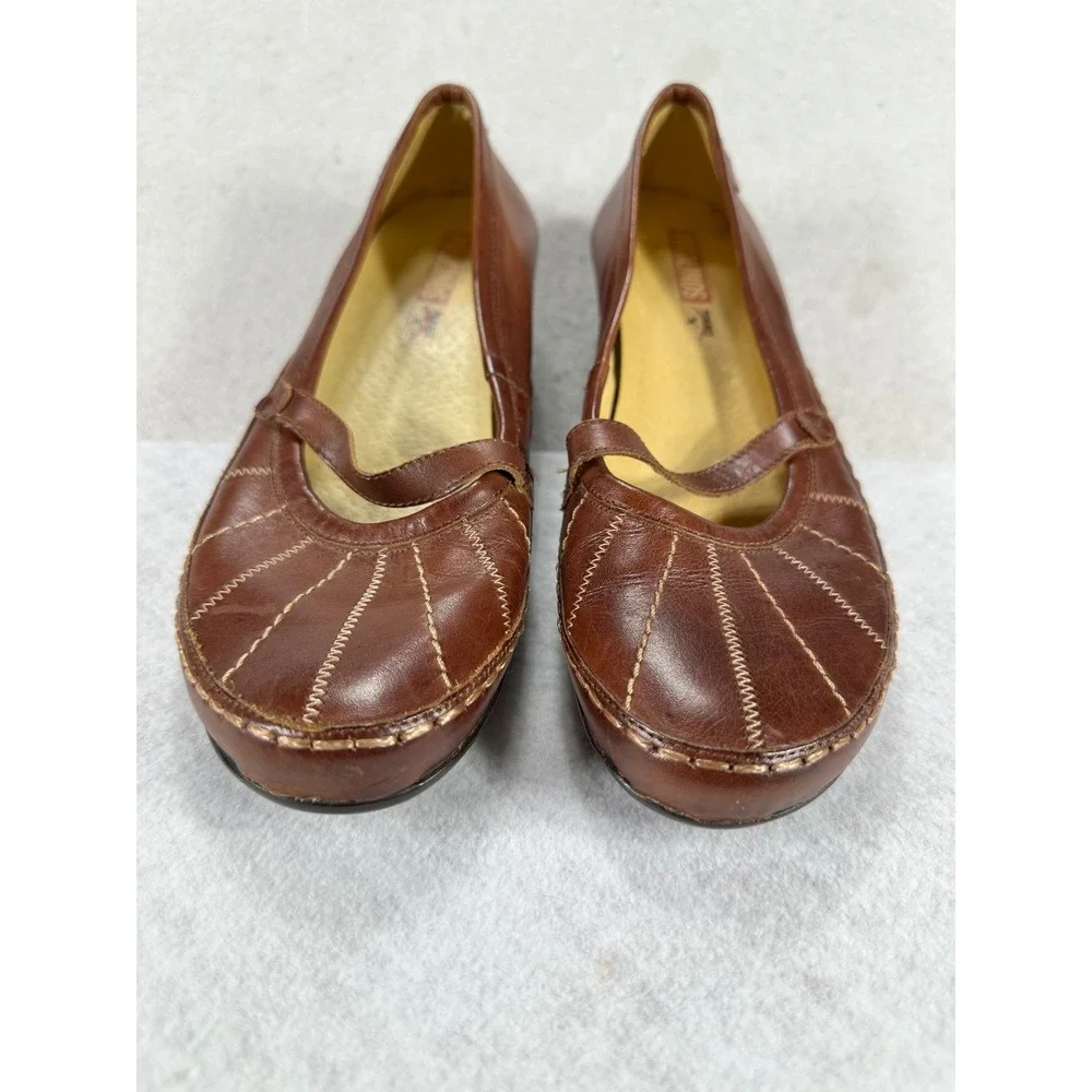 Pikolinos Brown Leather Mary Jane Wedge Pumps Contrast Stitch Shoes Womens 38